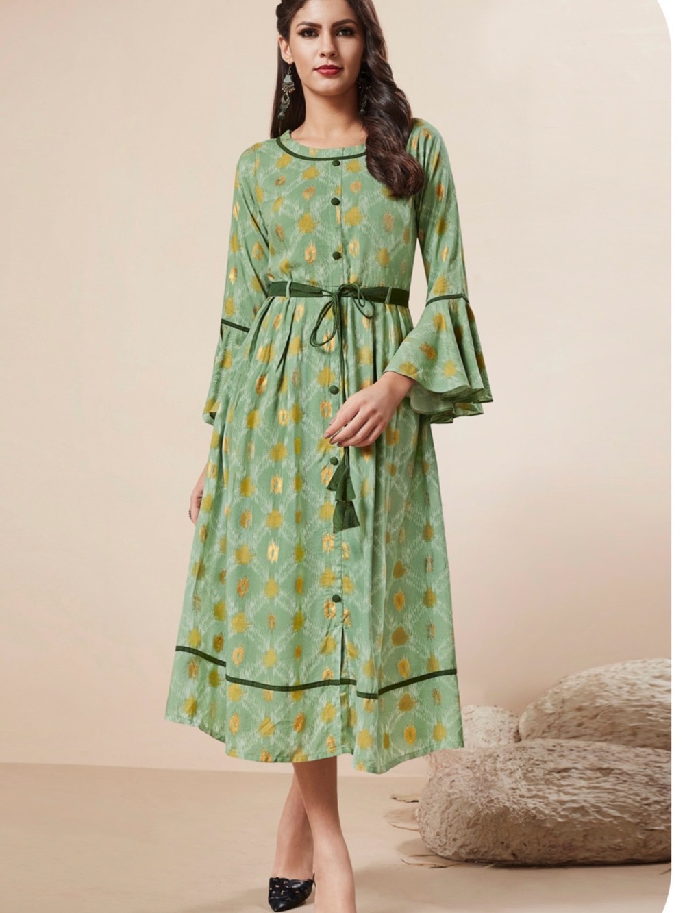 Green Printed Tie-Waist Midi Dresses - ALL 3 for $70
